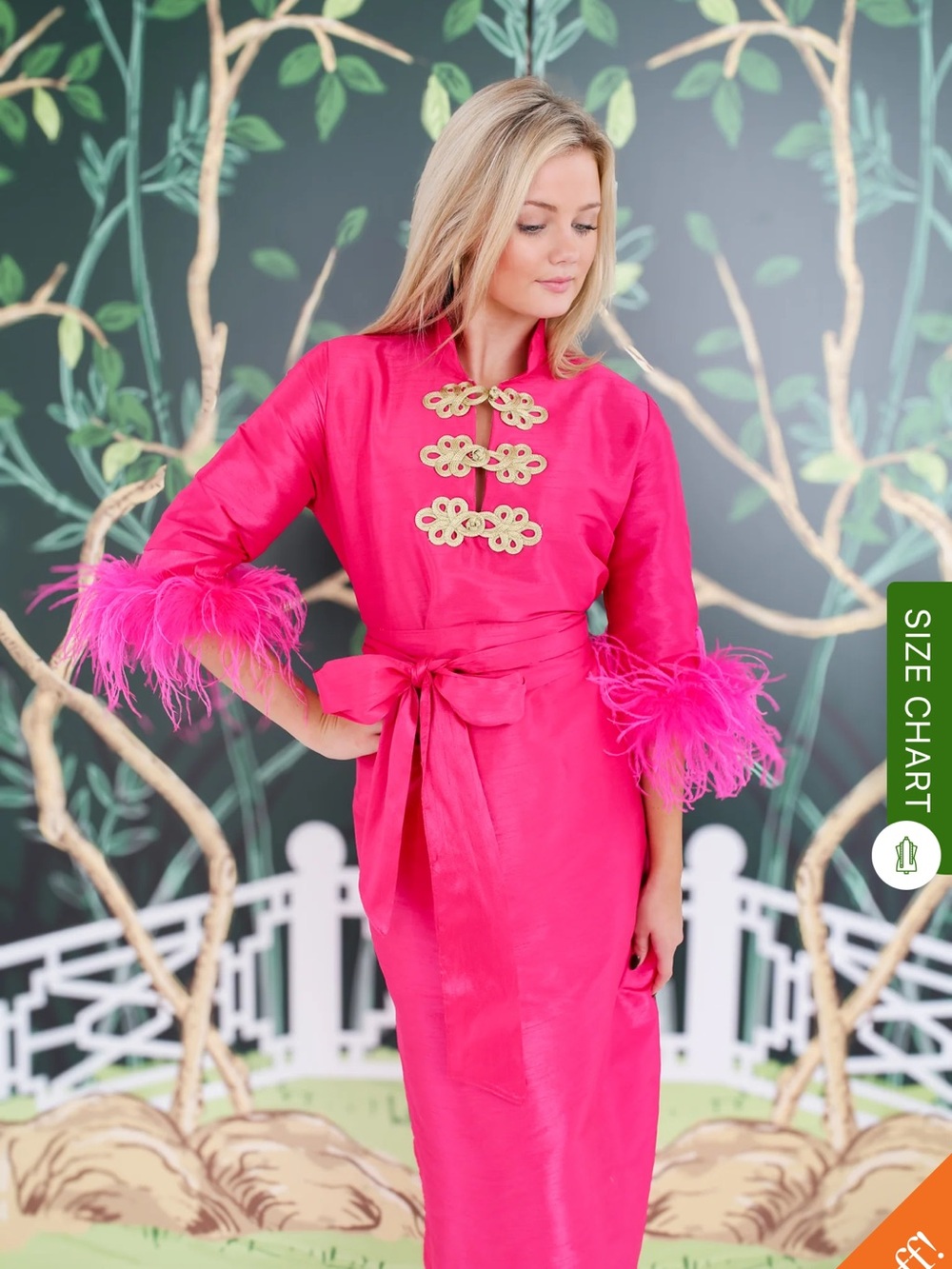 Bette Bouvier Long Dress in Hot Pink with Feather Cuffs size 1/M with Sash! - Picture 3 of 4